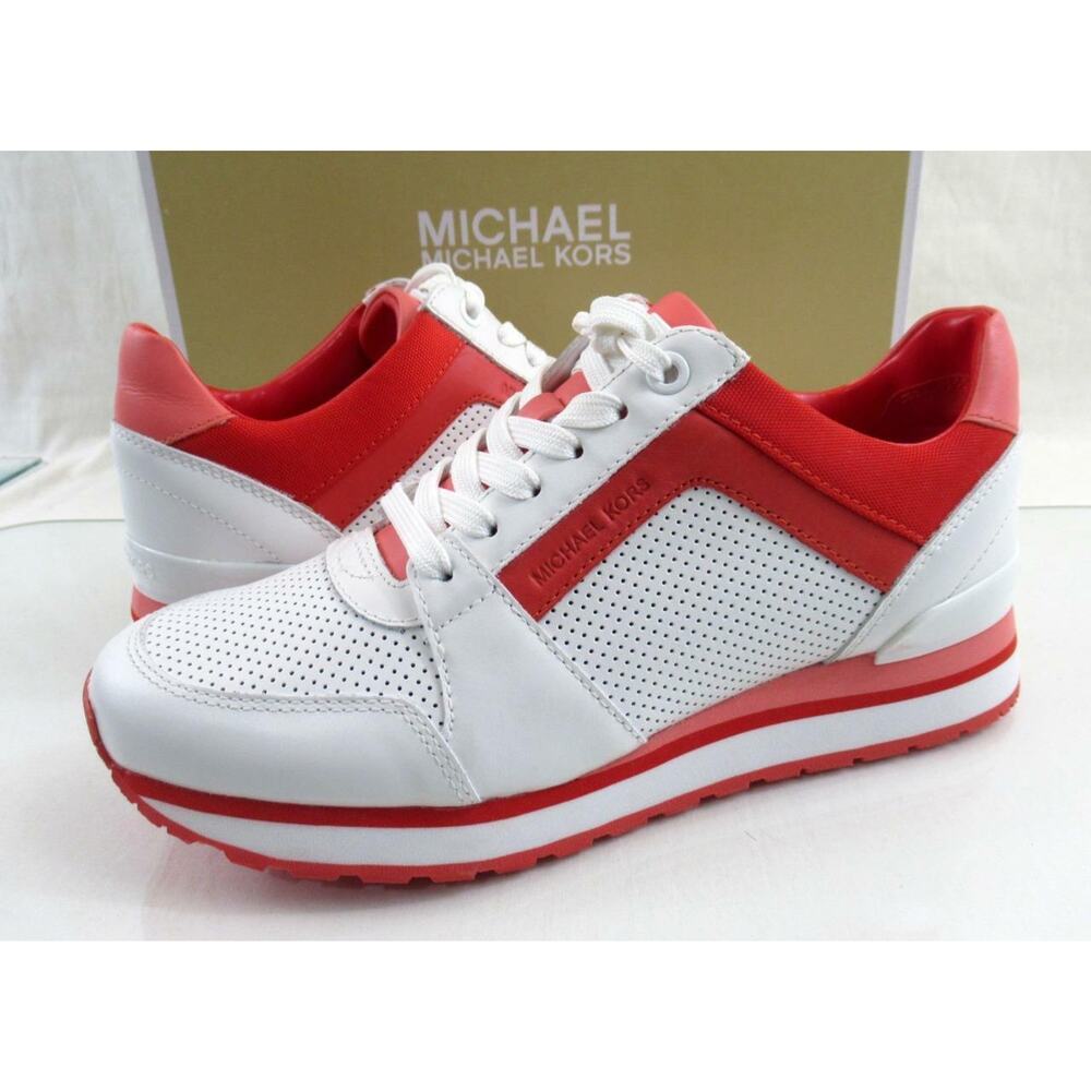 Michael Kors Billie Trainer Lace Up Sneakers Grapefruit White Red Pink Size 7 - Picture 5 of 9